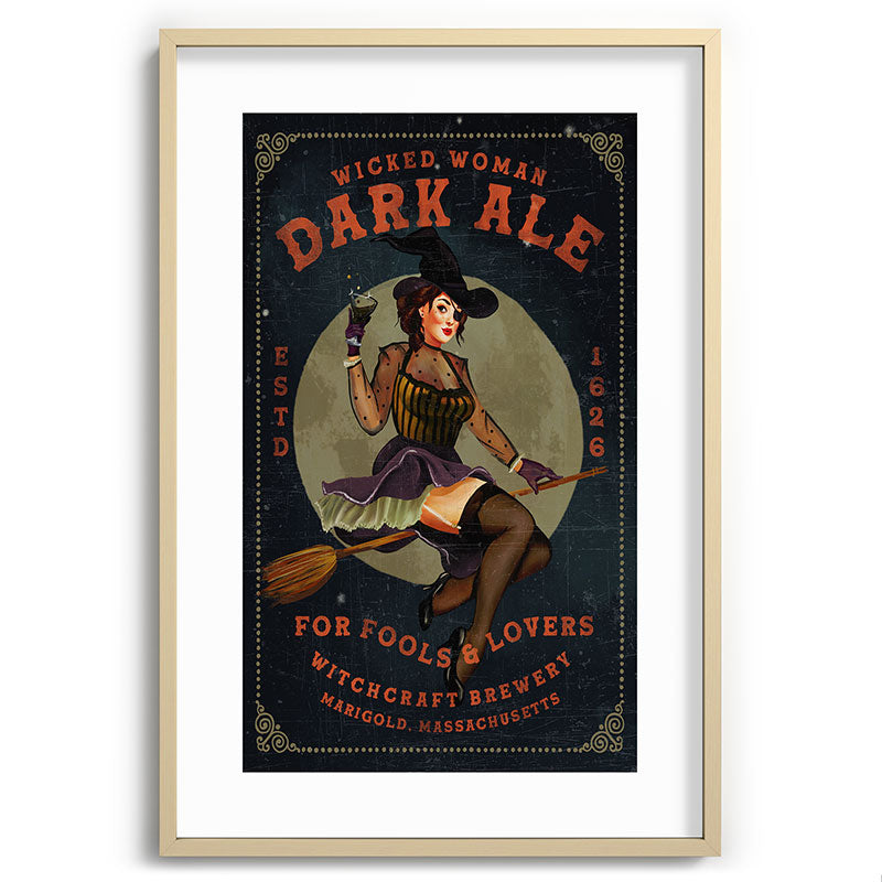 "Wicked Woman Dark Ale" Vintage Pinup Witch Halloween Art Framed Art Print