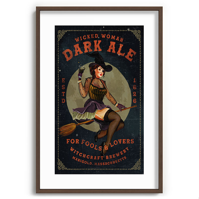 "Wicked Woman Dark Ale" Vintage Pinup Witch Halloween Art Framed Art Print