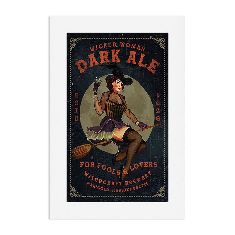 "Wicked Woman Dark Ale" Vintage Pinup Witch Halloween Art Art Print