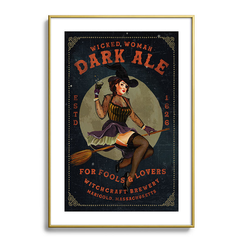 "Wicked Woman Dark Ale" Vintage Pinup Witch Halloween Art Framed Art Print