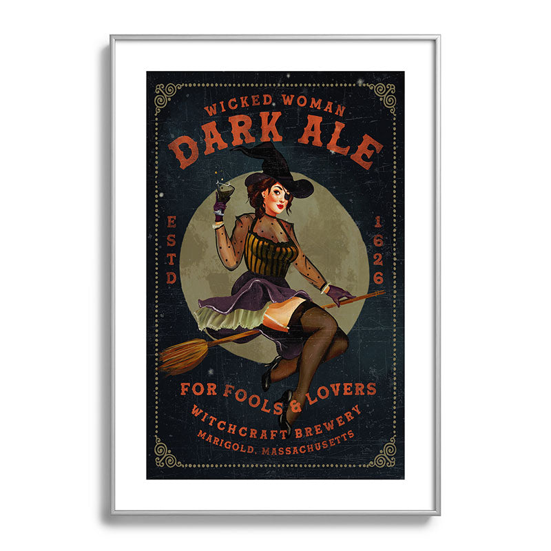 "Wicked Woman Dark Ale" Vintage Pinup Witch Halloween Art Framed Art Print