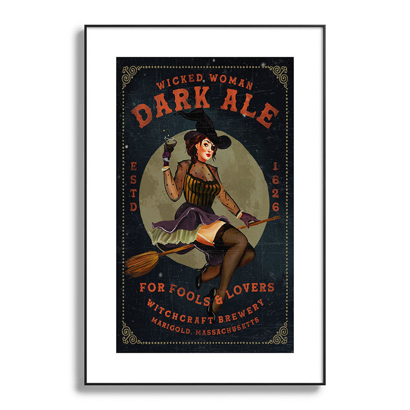 "Wicked Woman Dark Ale" Vintage Pinup Witch Halloween Art Framed Art Print