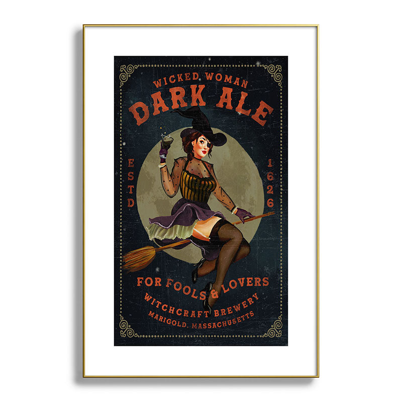 "Wicked Woman Dark Ale" Vintage Pinup Witch Halloween Art Framed Art Print