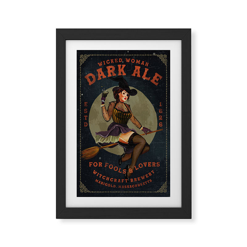 "Wicked Woman Dark Ale" Vintage Pinup Witch Halloween Art Framed Art Print