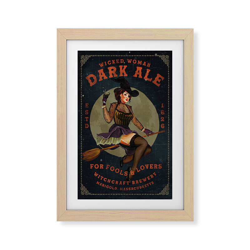"Wicked Woman Dark Ale" Vintage Pinup Witch Halloween Art Framed Art Print