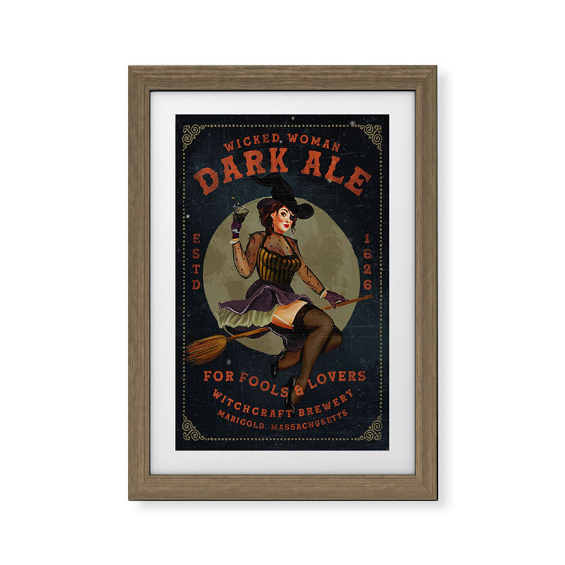 "Wicked Woman Dark Ale" Vintage Pinup Witch Halloween Art Framed Art Print