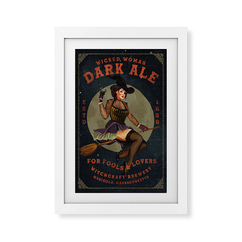 "Wicked Woman Dark Ale" Vintage Pinup Witch Halloween Art Framed Art Print