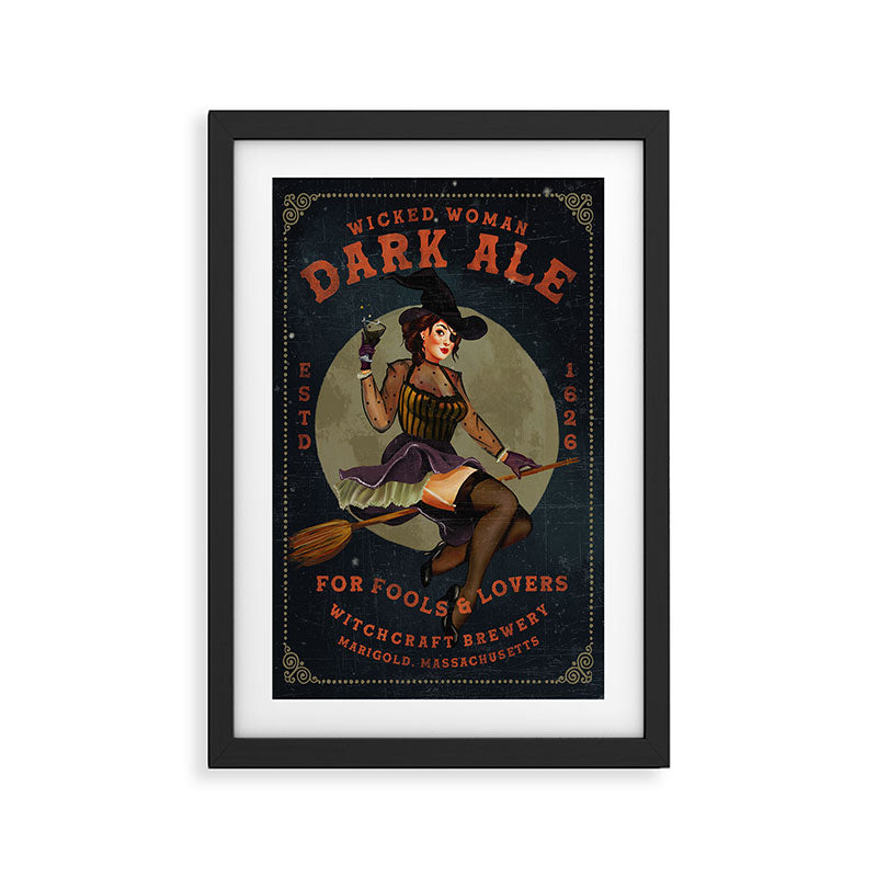 "Wicked Woman Dark Ale" Vintage Pinup Witch Halloween Art Framed Art Print