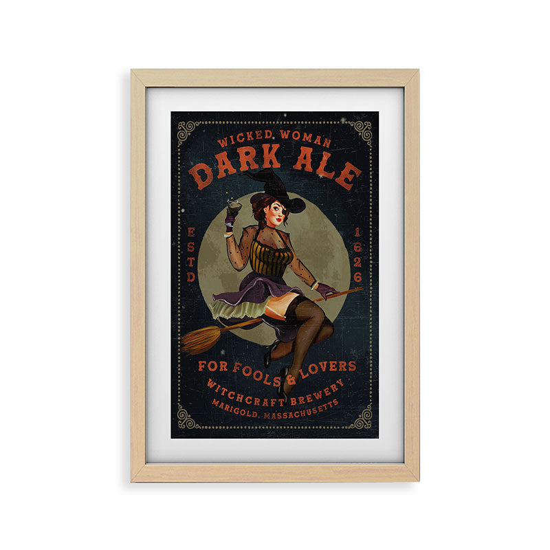 "Wicked Woman Dark Ale" Vintage Pinup Witch Halloween Art Framed Art Print
