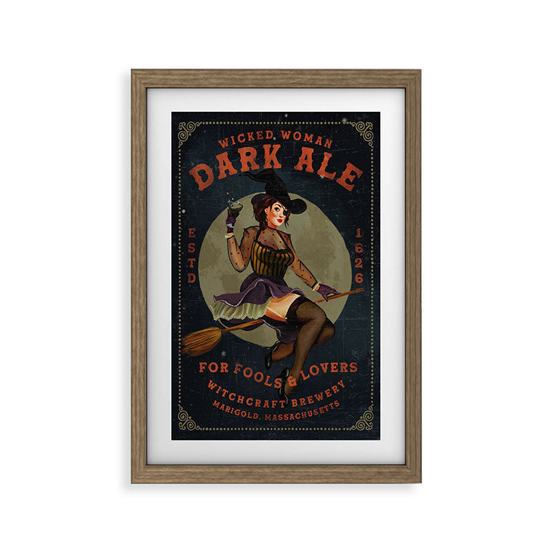"Wicked Woman Dark Ale" Vintage Pinup Witch Halloween Art Framed Art Print