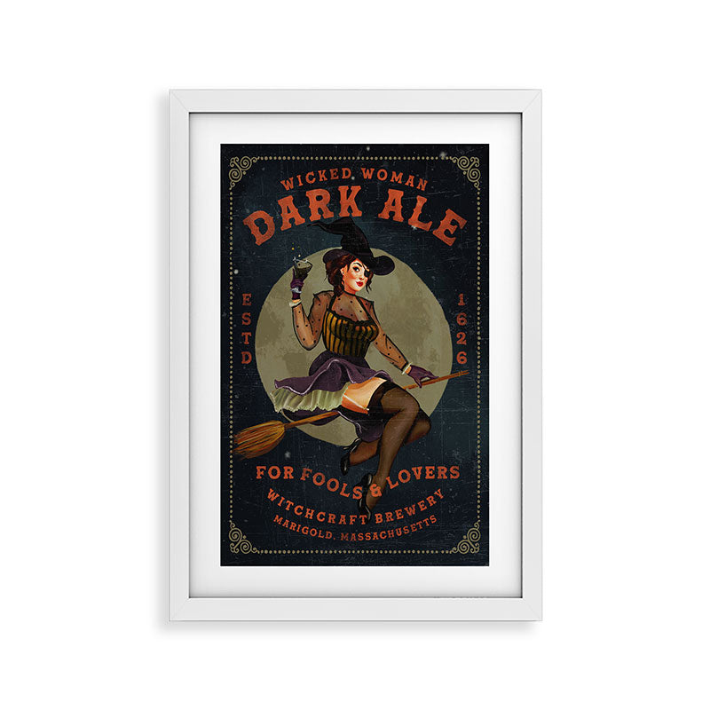 "Wicked Woman Dark Ale" Vintage Pinup Witch Halloween Art Framed Art Print