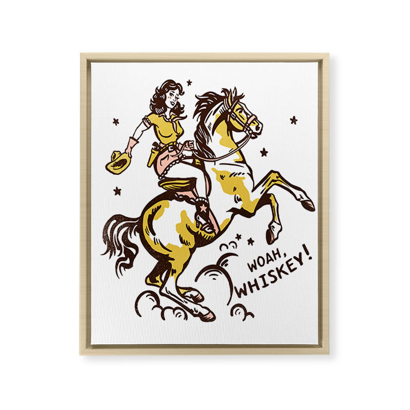 "Woah Whiskey" Western Pin Up Cowgirl & Her Horse Framed Canvas Print