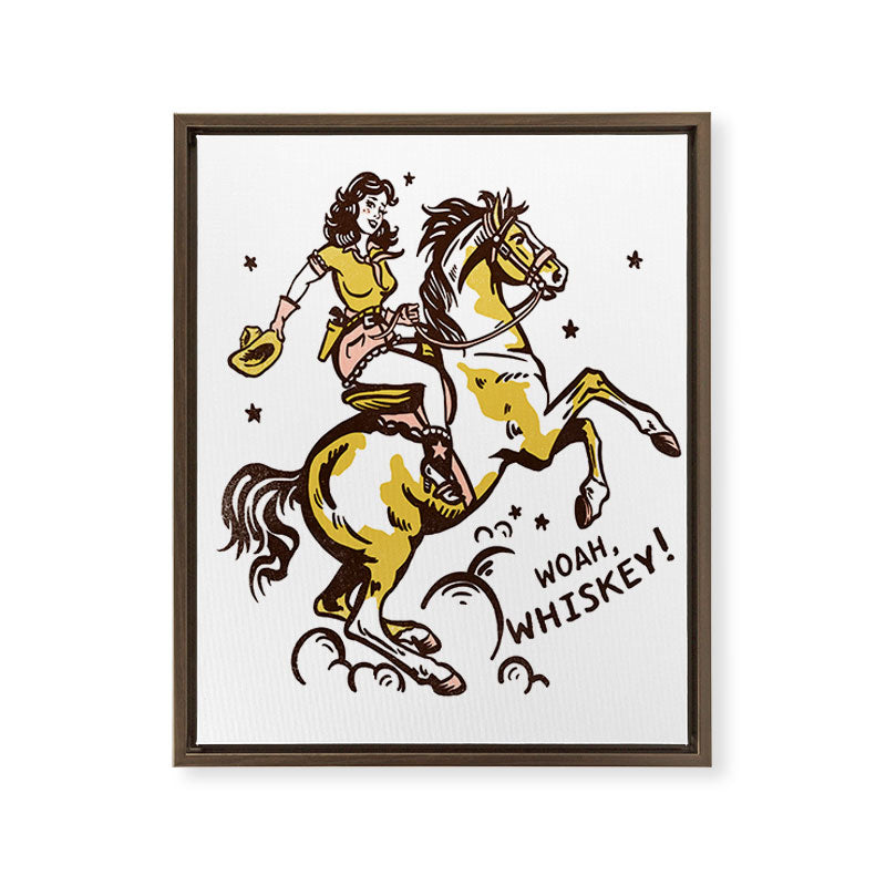 "Woah Whiskey" Western Pin Up Cowgirl & Her Horse Framed Canvas Print