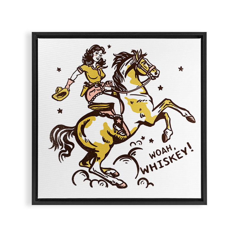 "Woah Whiskey" Western Pin Up Cowgirl & Her Horse Framed Canvas Print