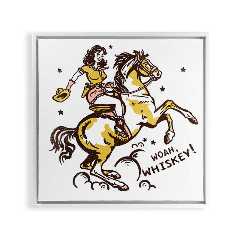 "Woah Whiskey" Western Pin Up Cowgirl & Her Horse Framed Canvas Print