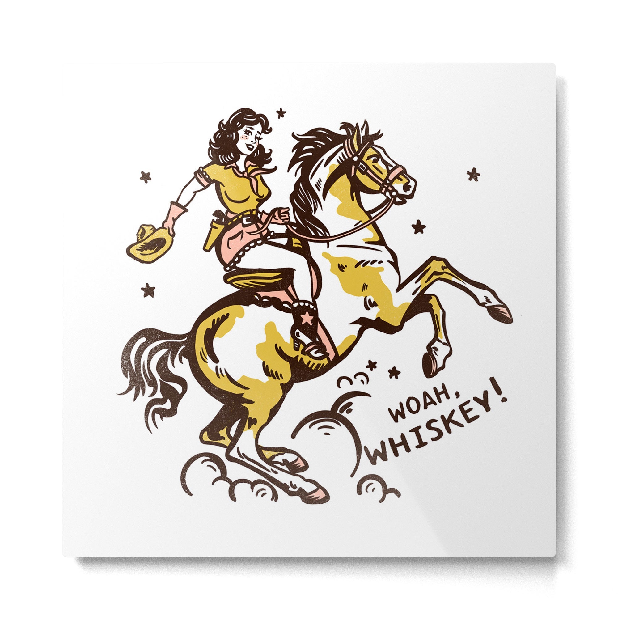 "Woah Whiskey" Western Pin Up Cowgirl & Her Horse Metal Print