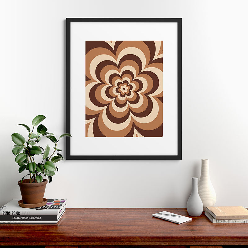 70s Retro Flower Power in Coffee Brown Framed Art Print