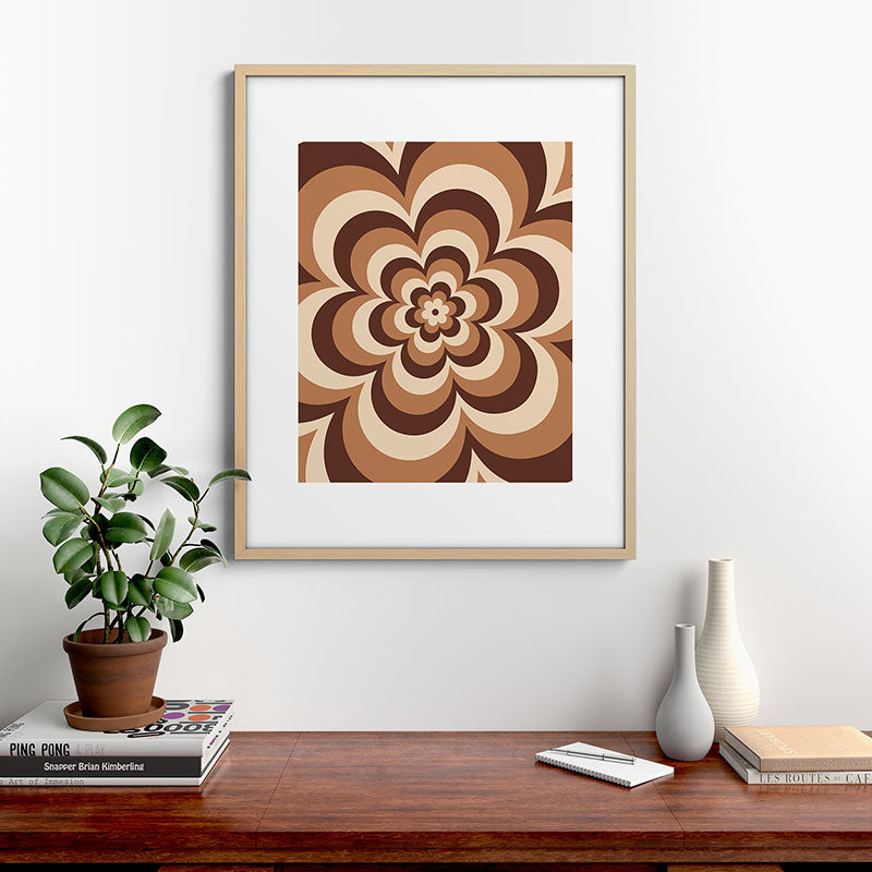 70s Retro Flower Power in Coffee Brown Framed Art Print