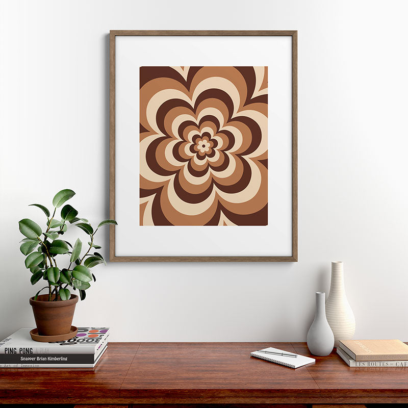 70s Retro Flower Power in Coffee Brown Framed Art Print