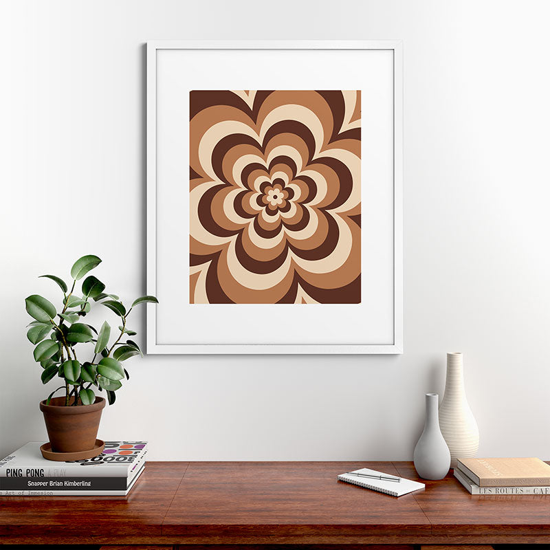 70s Retro Flower Power in Coffee Brown Framed Art Print