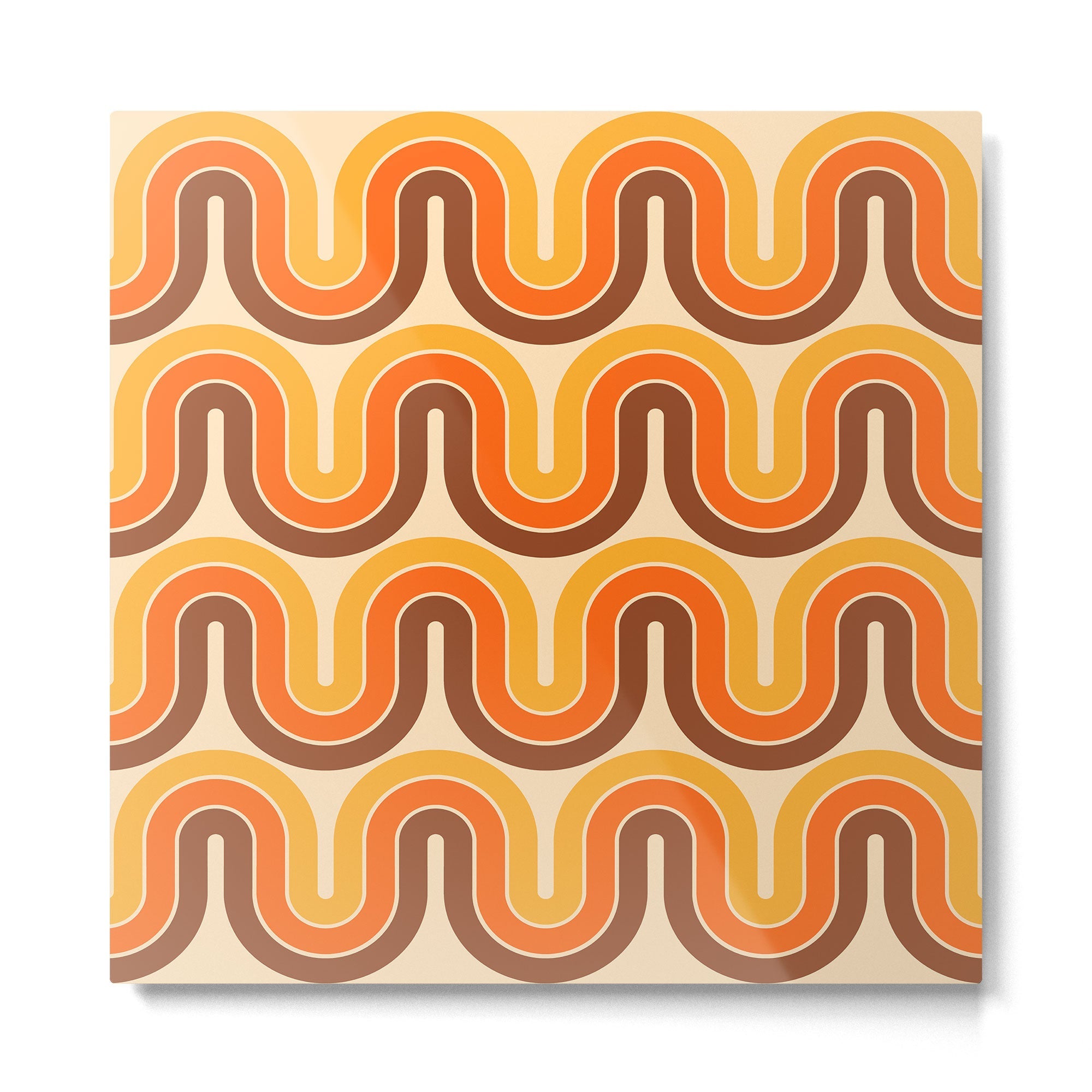 70s Retro Vintage Style Wave Pattern Autumn Brown Orange and Yellow Metal Print