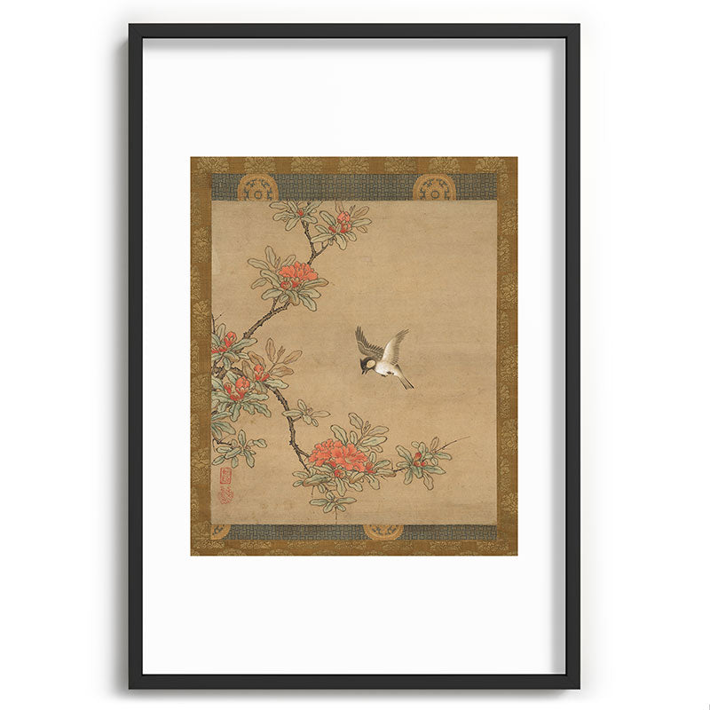 16th Century Japanese Bird and Peony Edo Era Painting Framed Art Print