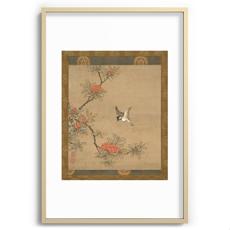 16th Century Japanese Bird and Peony Edo Era Painting Framed Art Print