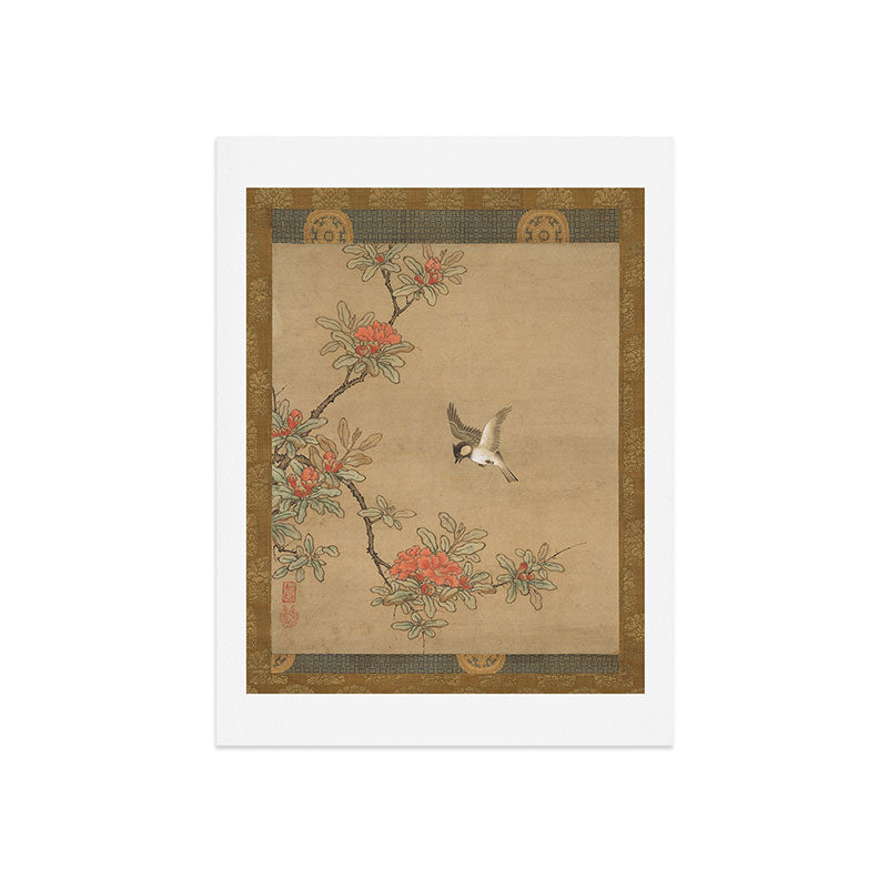 16th Century Japanese Bird and Peony Edo Era Painting Art Print