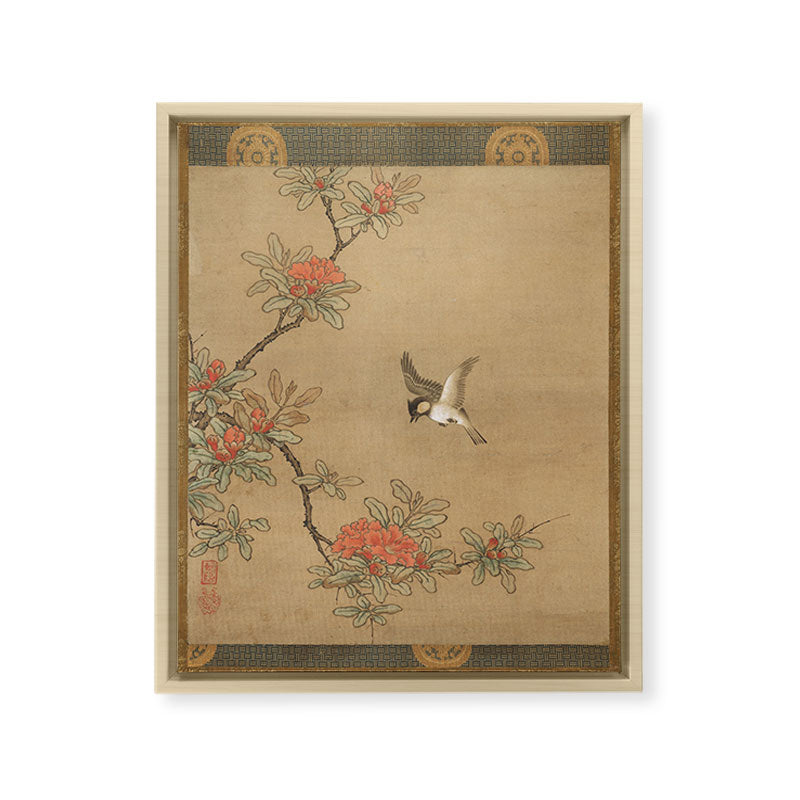 16th Century Japanese Bird and Peony Edo Era Painting Framed Canvas Print