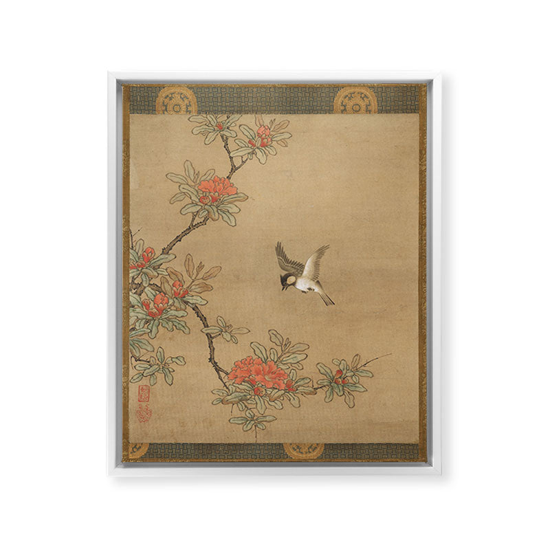 16th Century Japanese Bird and Peony Edo Era Painting Framed Canvas Print