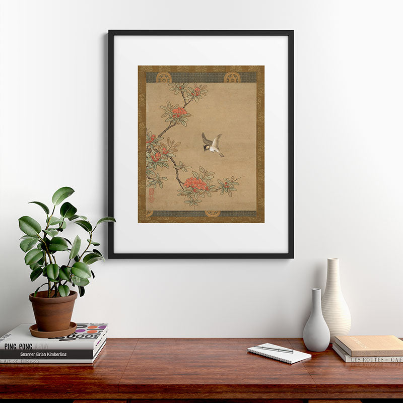 16th Century Japanese Bird and Peony Edo Era Painting Framed Art Print