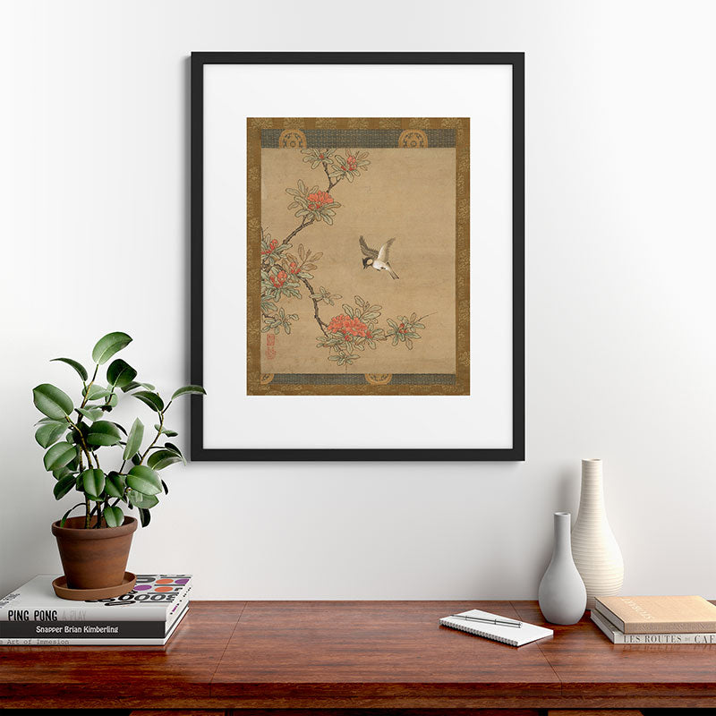 16th Century Japanese Bird and Peony Edo Era Painting Framed Art Print