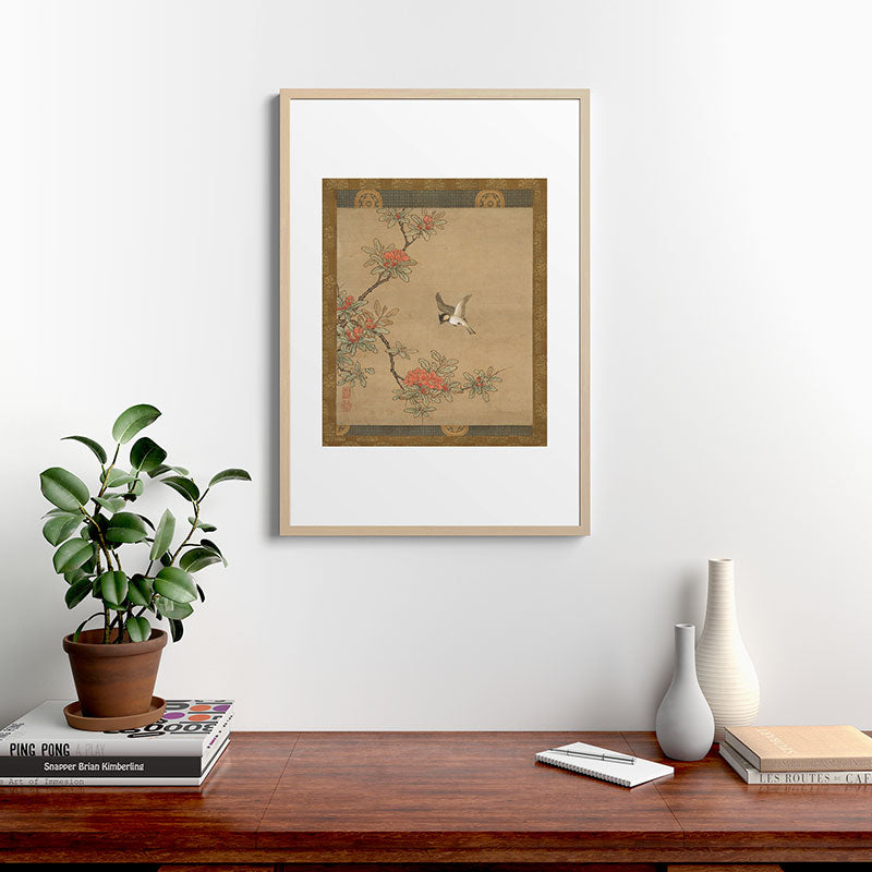 16th Century Japanese Bird and Peony Edo Era Painting Framed Art Print