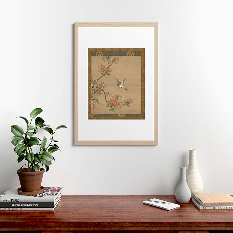 16th Century Japanese Bird and Peony Edo Era Painting Framed Art Print