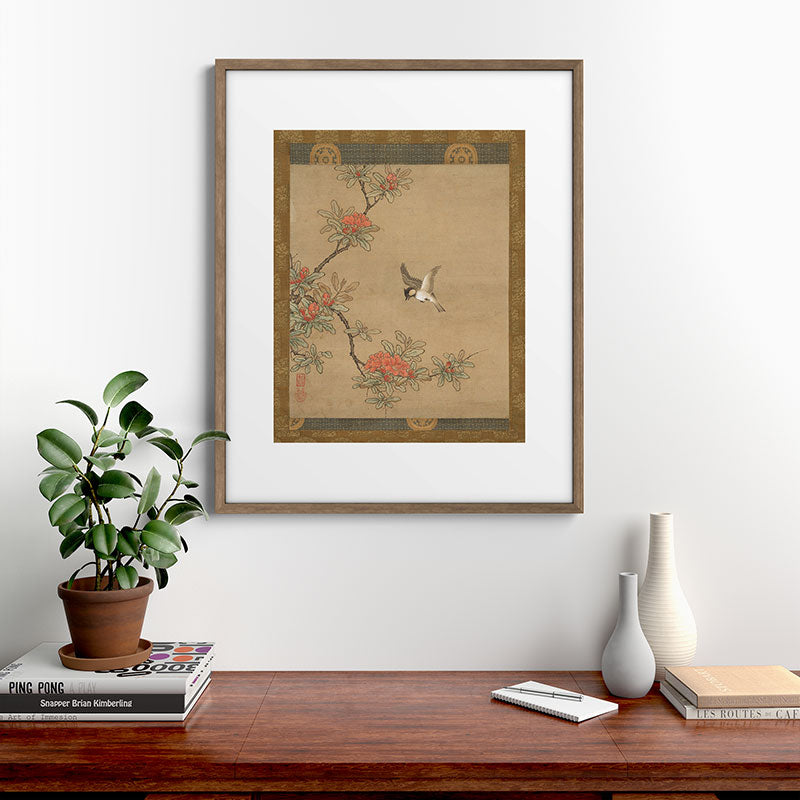 16th Century Japanese Bird and Peony Edo Era Painting Framed Art Print