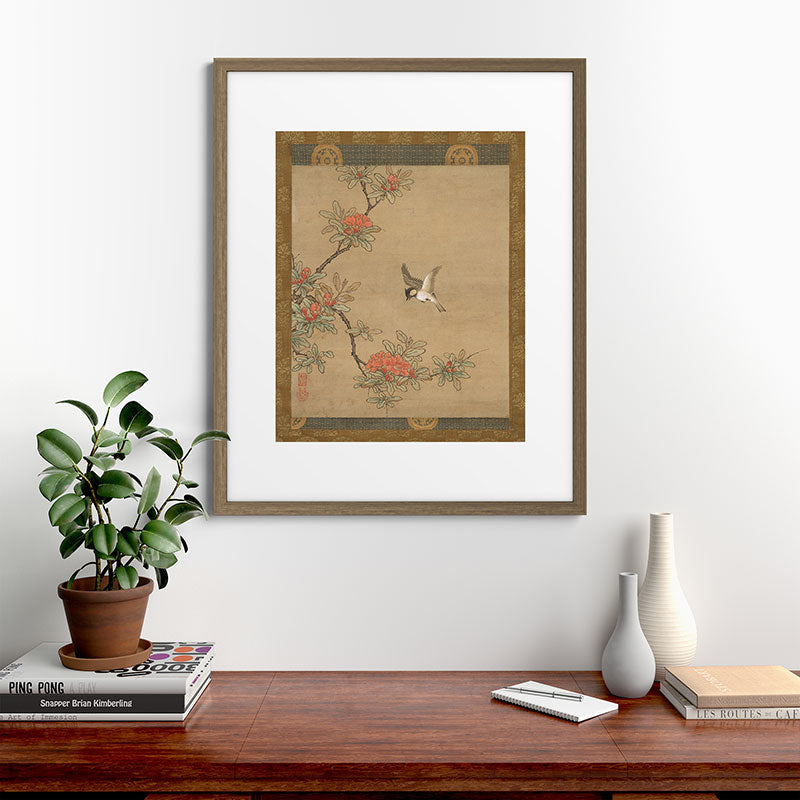 16th Century Japanese Bird and Peony Edo Era Painting Framed Art Print