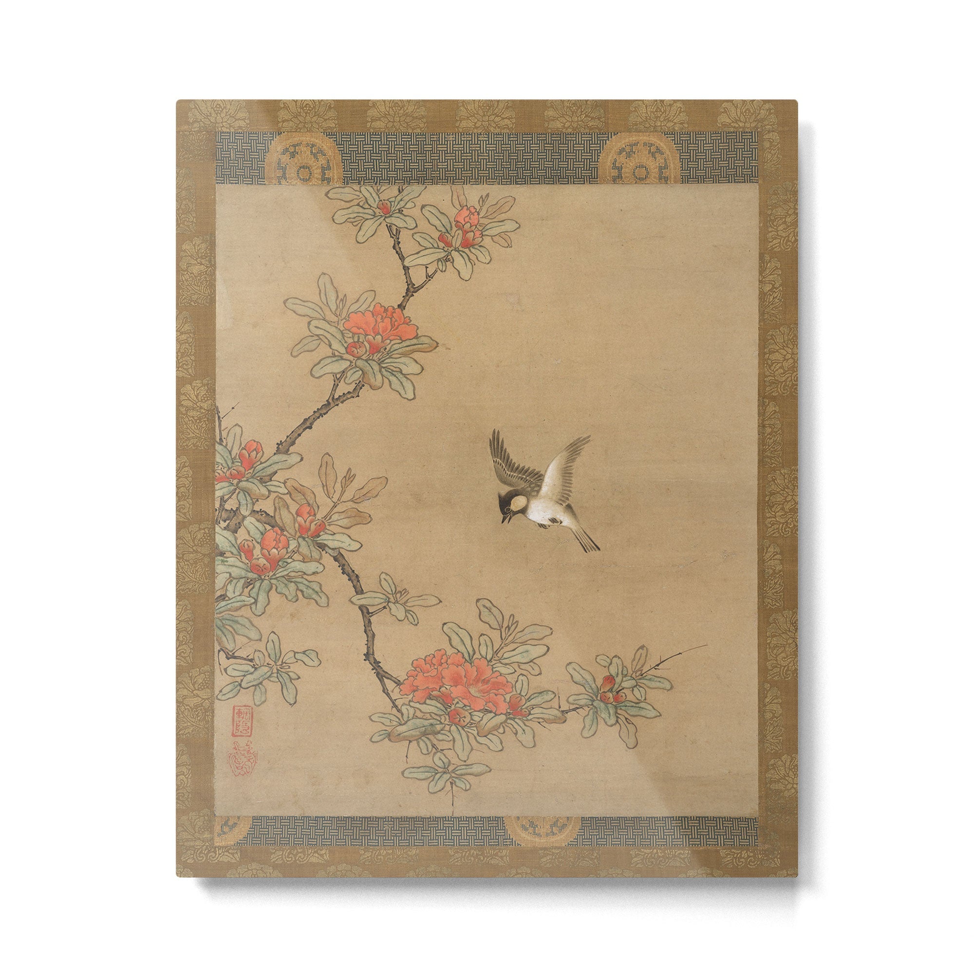 16th Century Japanese Bird and Peony Edo Era Painting Metal Print